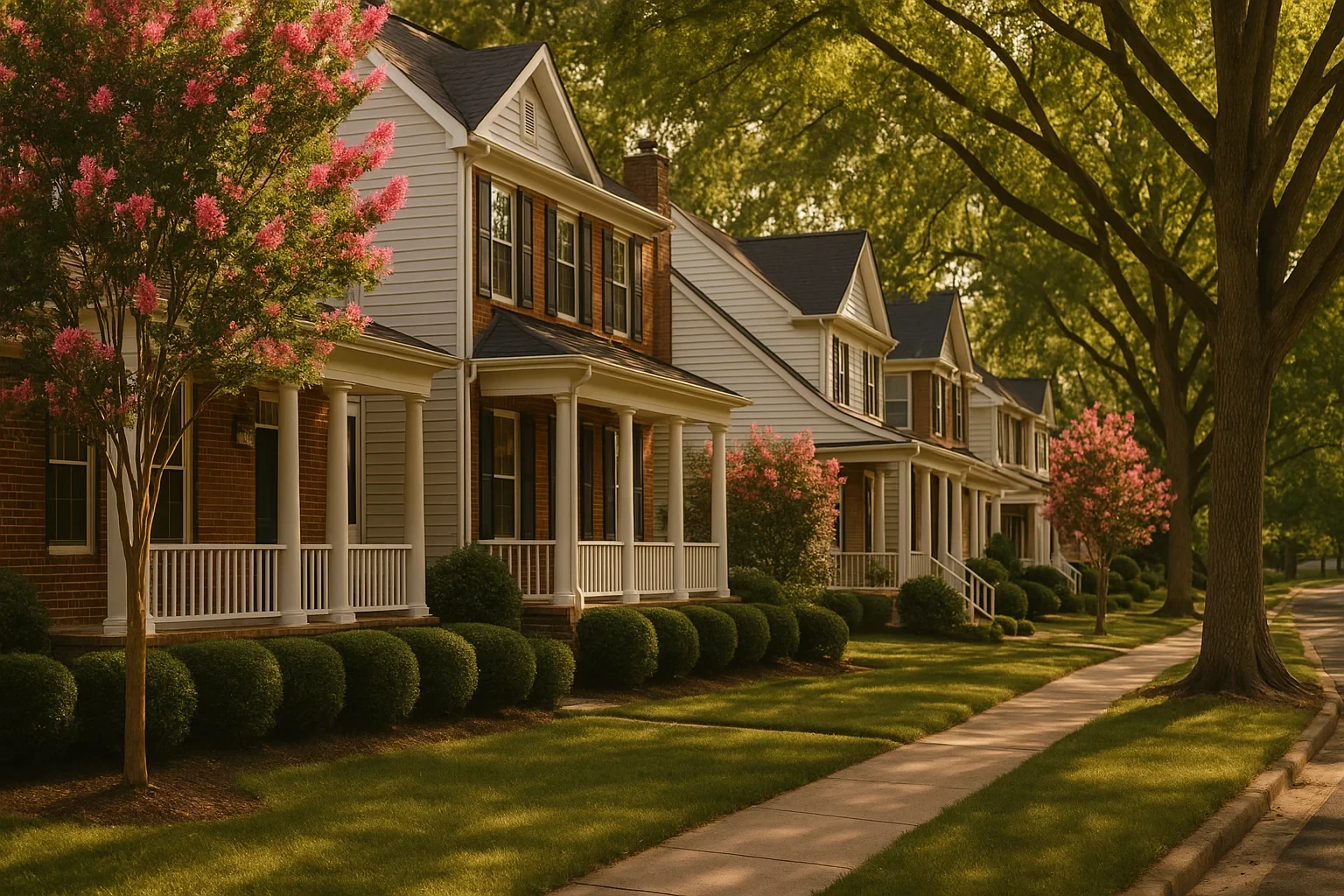 Tree-lined sidewalk past two-story homes with front porches and blooming crepe myrtles in Gainesville