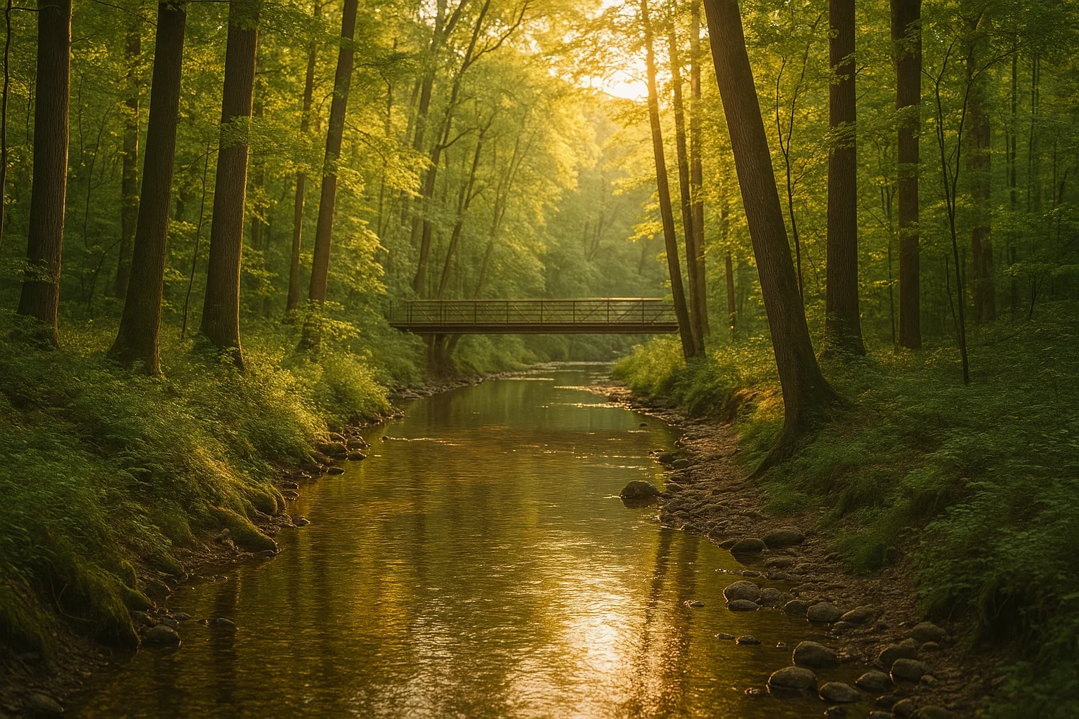 Tranquil forest stream with footbridge at golden hour near Sears Home Services in North Springfield