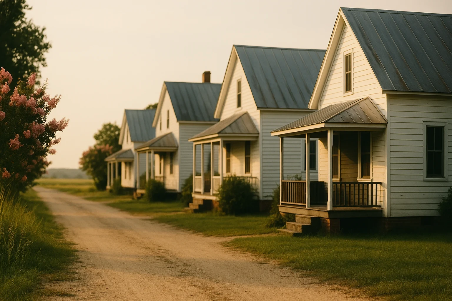Row of white clapboard cottages with metal roofs and porches along a dirt road in Onley at golden hour