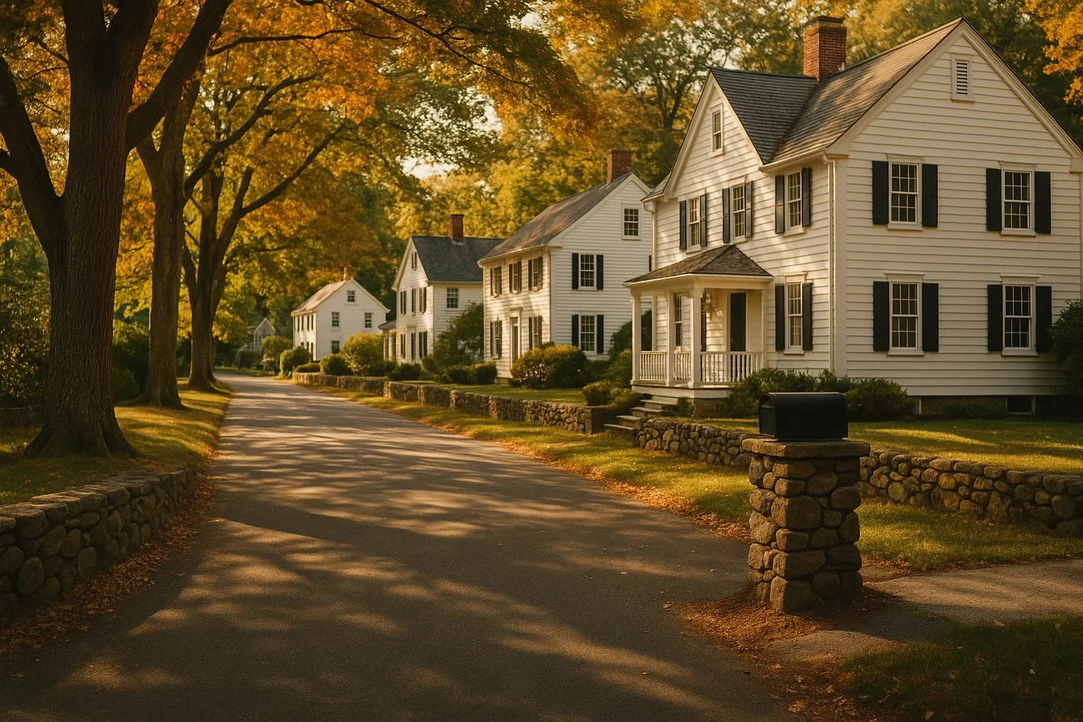 Charming white colonial homes lining a tree-shaded street with stone walls in autumn in Riverside