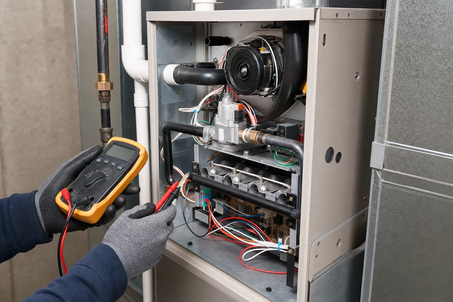 HVAC technician using multimeter to diagnose and inspect residential gas furnace components during maintenance service call