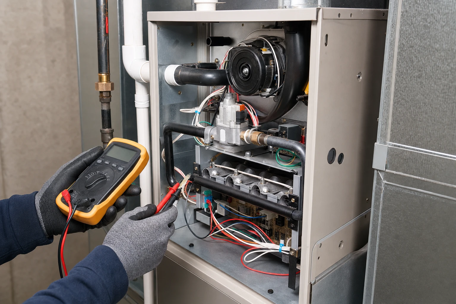 HVAC technician using multimeter to diagnose and inspect residential gas furnace components during maintenance service call