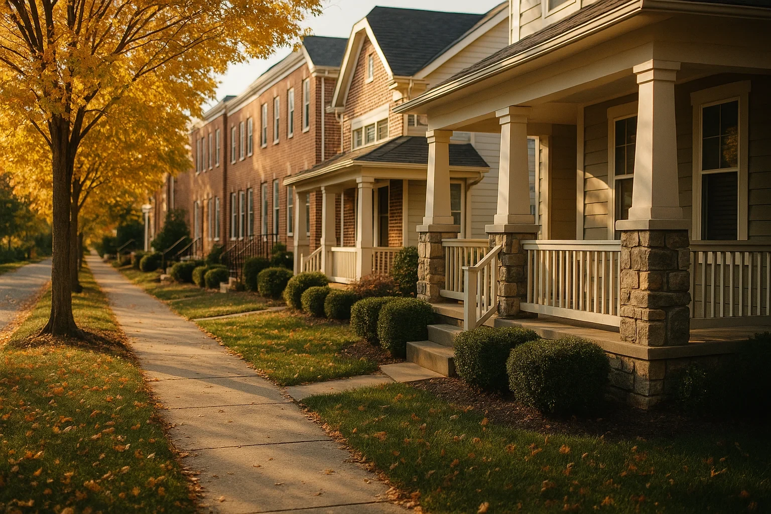 Autumn sunlight on a tree-lined sidewalk past front porches of homes in a Stone Ridge neighborhood