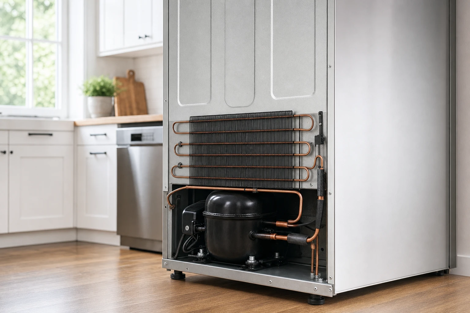 Back view of stainless steel upright freezer showing compressor unit and copper condenser coils in a modern white kitchen