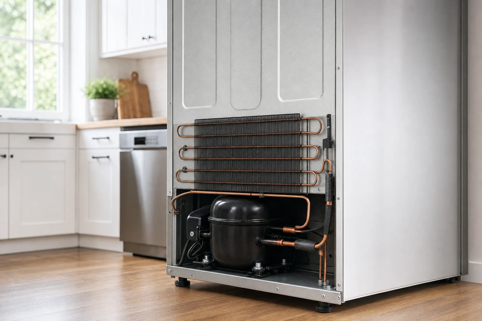 Back view of stainless steel upright freezer showing compressor unit and copper condenser coils in a modern white kitchen