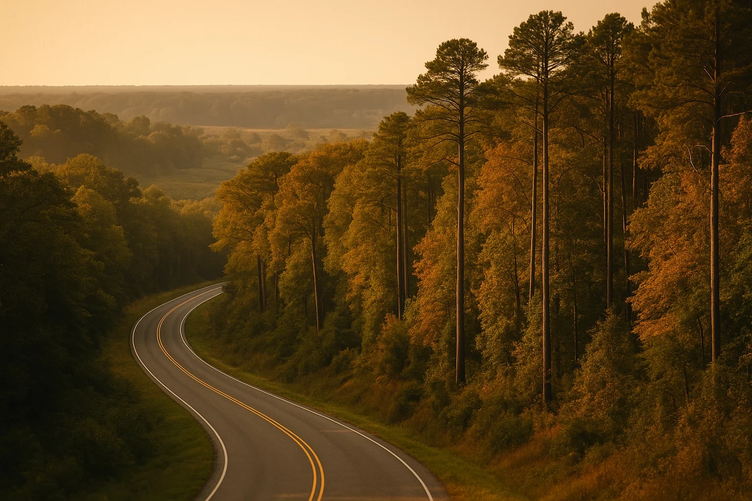 Winding two-lane road through forested hills at golden sunset near East Highland Park, with tall pines lining the route