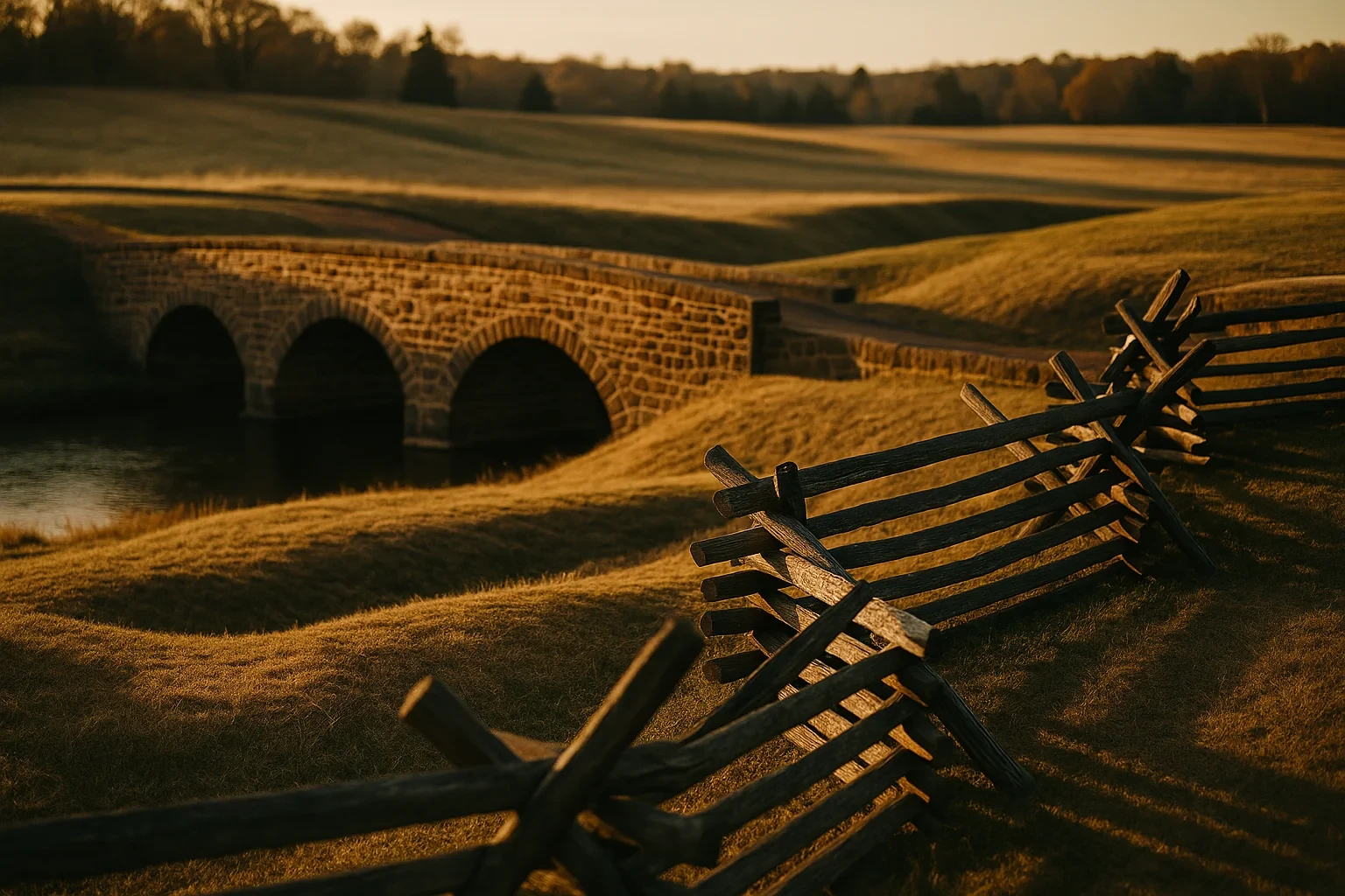 Historic stone arch bridge and wooden split-rail fence across rolling golden fields at sunset in Sudley