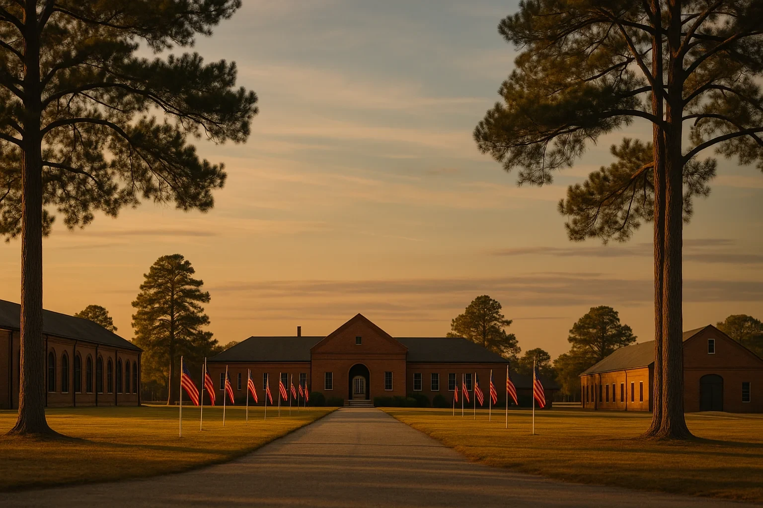 Historic brick military buildings lined with American flags at sunset along a tree-framed pathway in Fort Lee