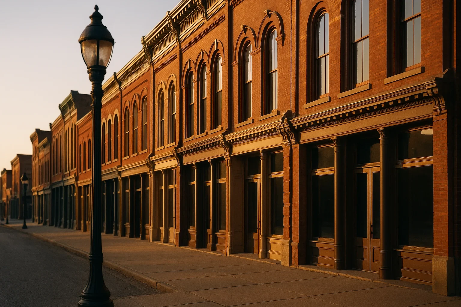 Historic brick storefronts and vintage lamppost line a sunlit downtown street in Tazewell at golden hour