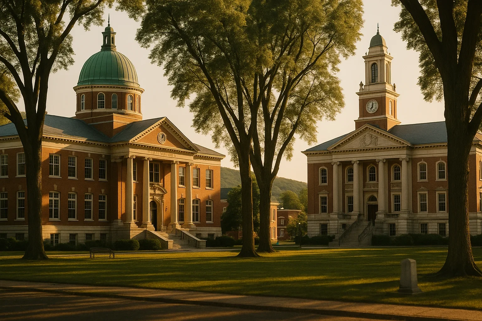 Historic brick civic buildings with green dome and clock tower framed by tall trees in Naugatuck at golden hour