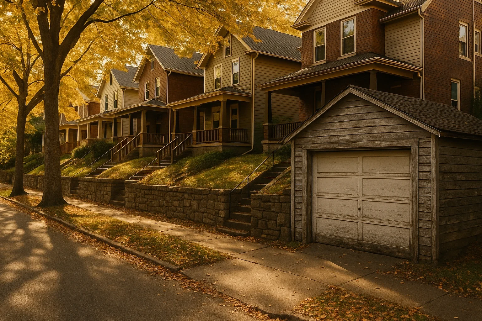 Row of historic two-story homes with porches and a wooden garage along an autumn street in Bluefield