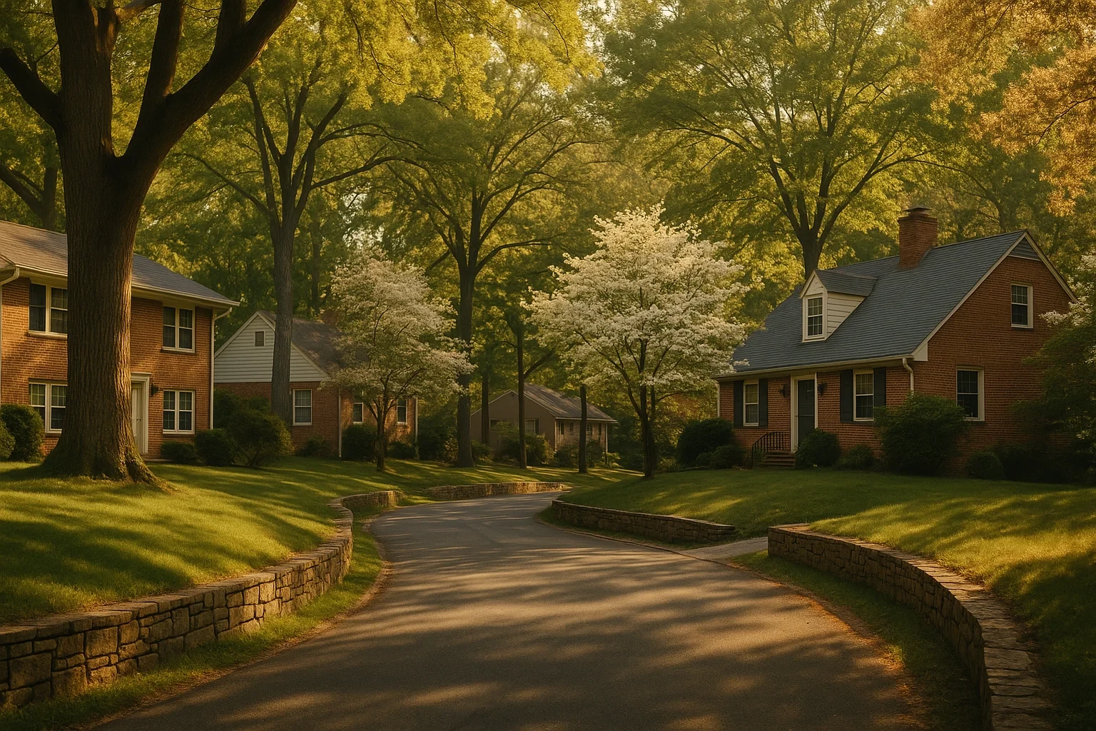 Tree-lined residential street with brick homes and stone walls in a quiet Lincolnia neighborhood at golden hour