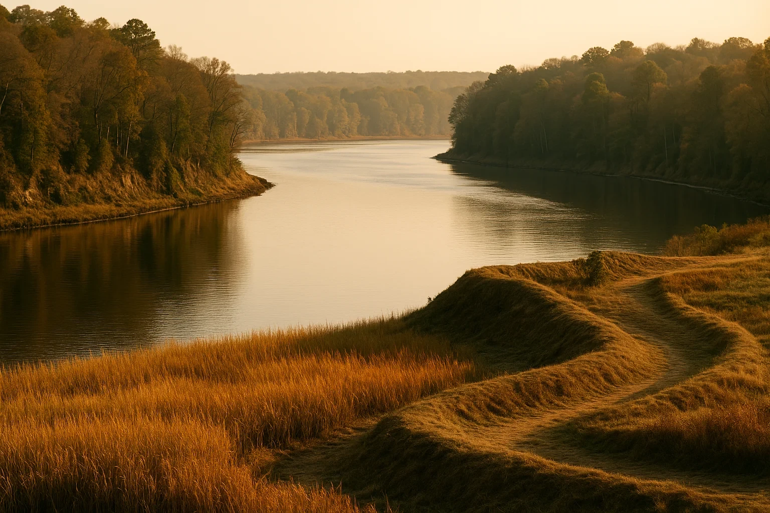 Golden hour view of a calm river winding between forested hills and grassy banks near Chester.