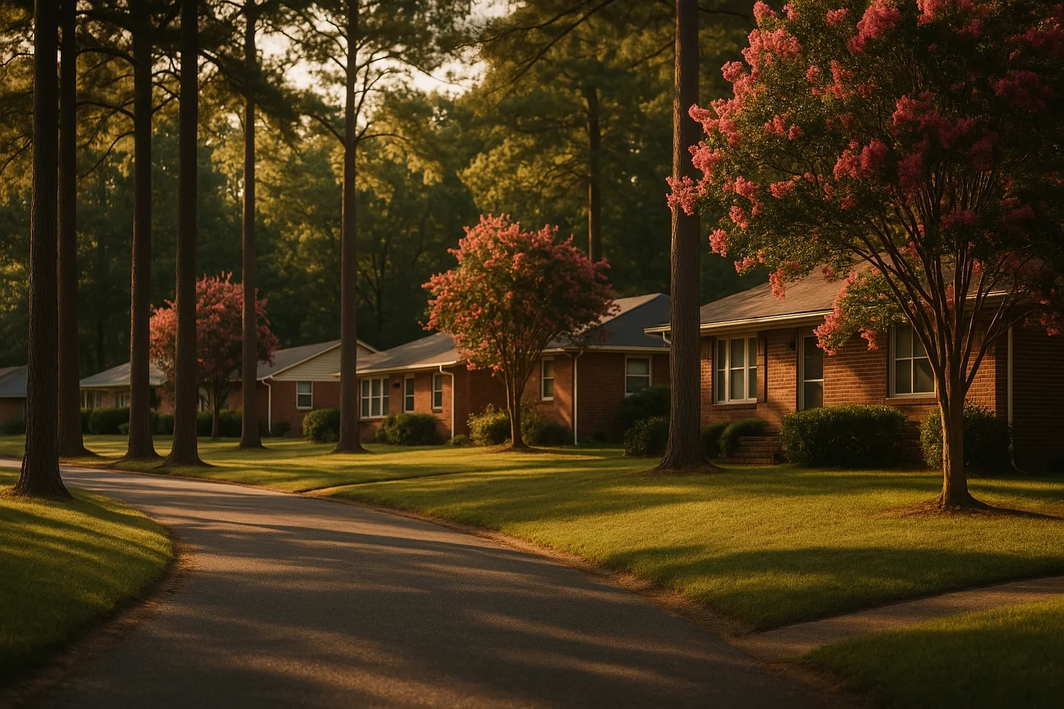 Quiet Dahlgren neighborhood street lined with brick ranch homes, tall pines, and blooming crepe myrtles at sunset