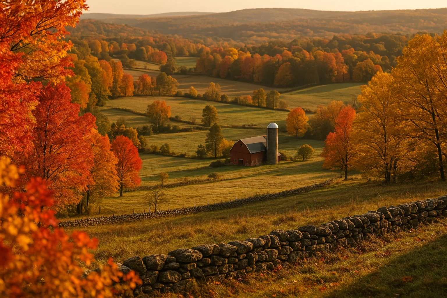 Red barn with silo nestled among rolling hills and vibrant fall foliage in Northwest Harwinton, framed by stone wall