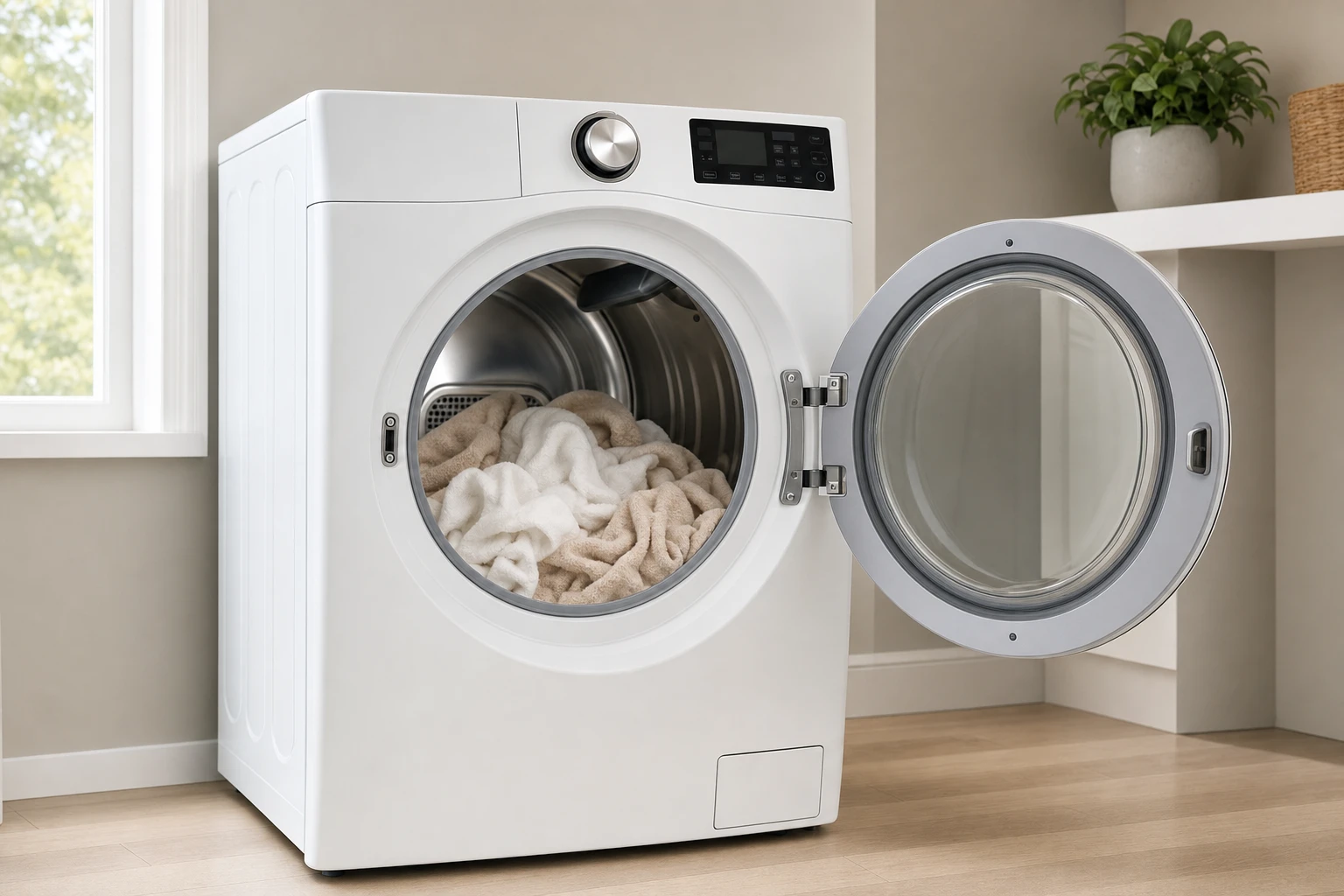 Modern white front-load electric dryer with open door revealing beige and white towels inside in a bright laundry room