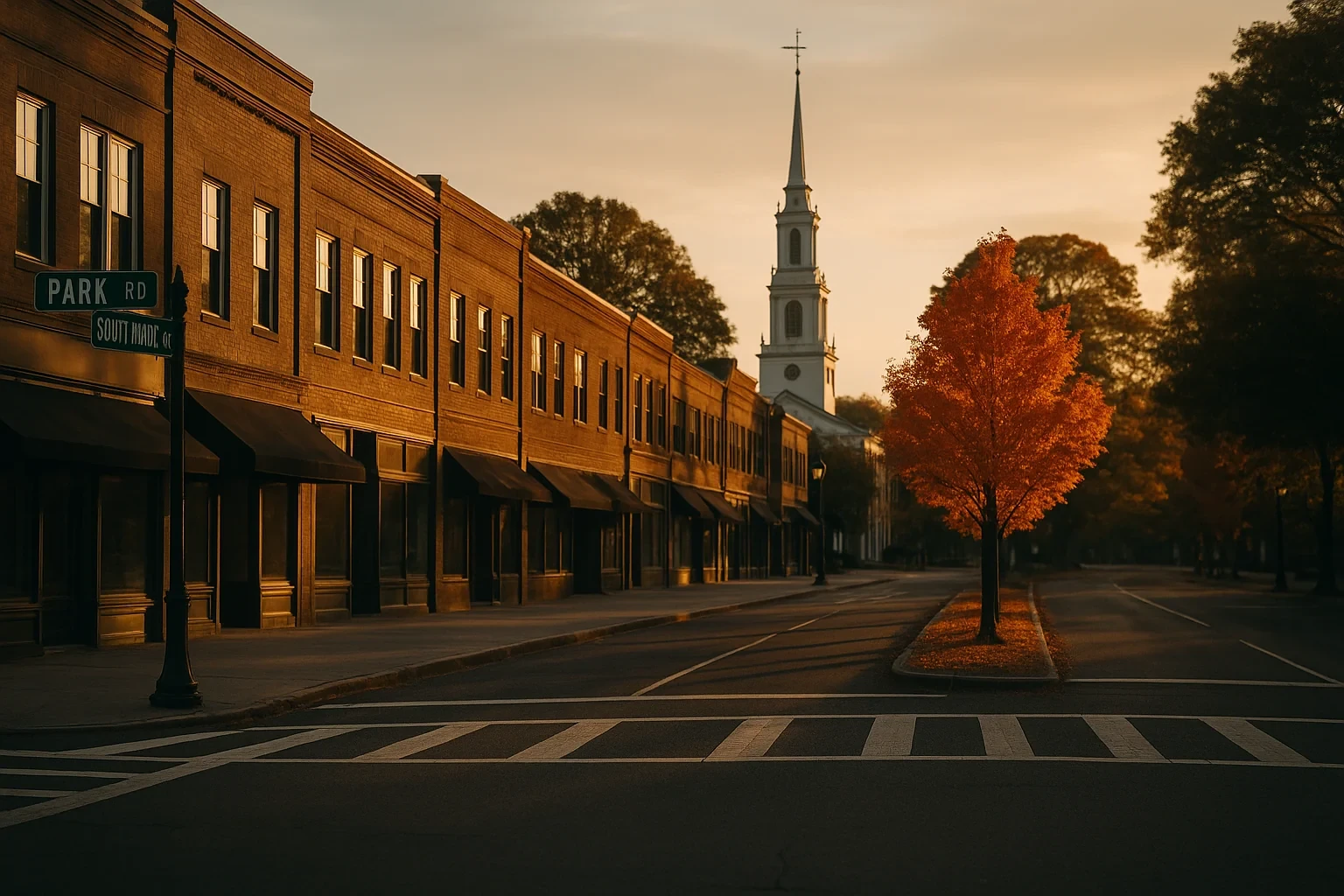 Historic downtown West Hartford street at sunset with brick storefronts, white church steeple, and autumn tree