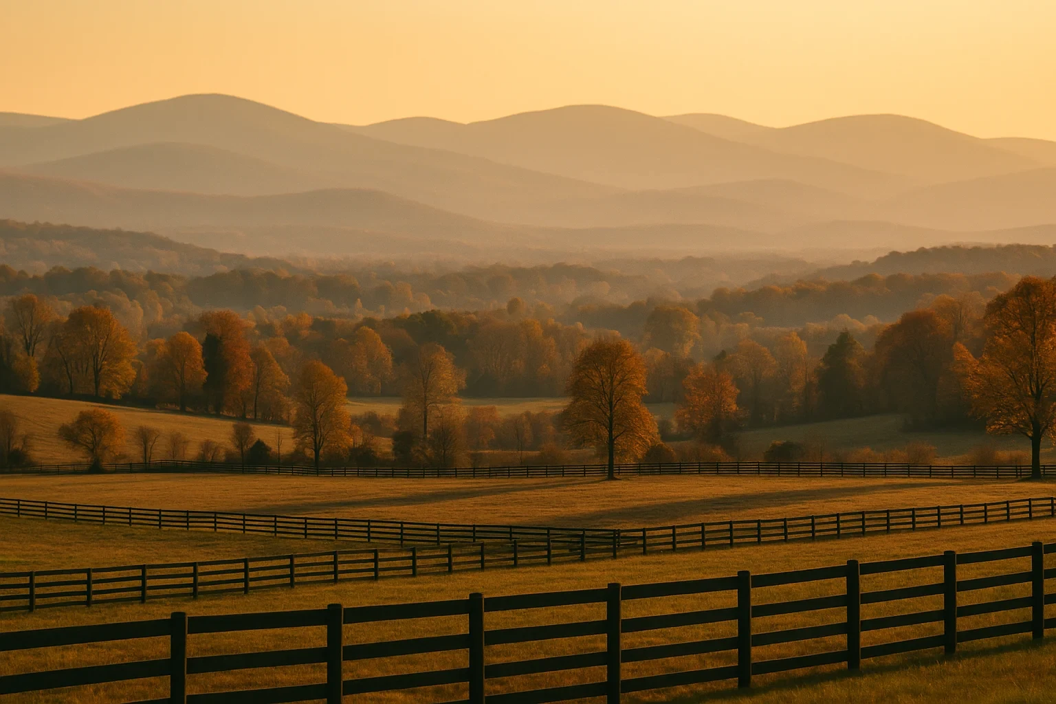 Rolling Blue Ridge mountains at golden hour overlooking autumn trees and wooden pasture fences near Loudoun Valley Estates