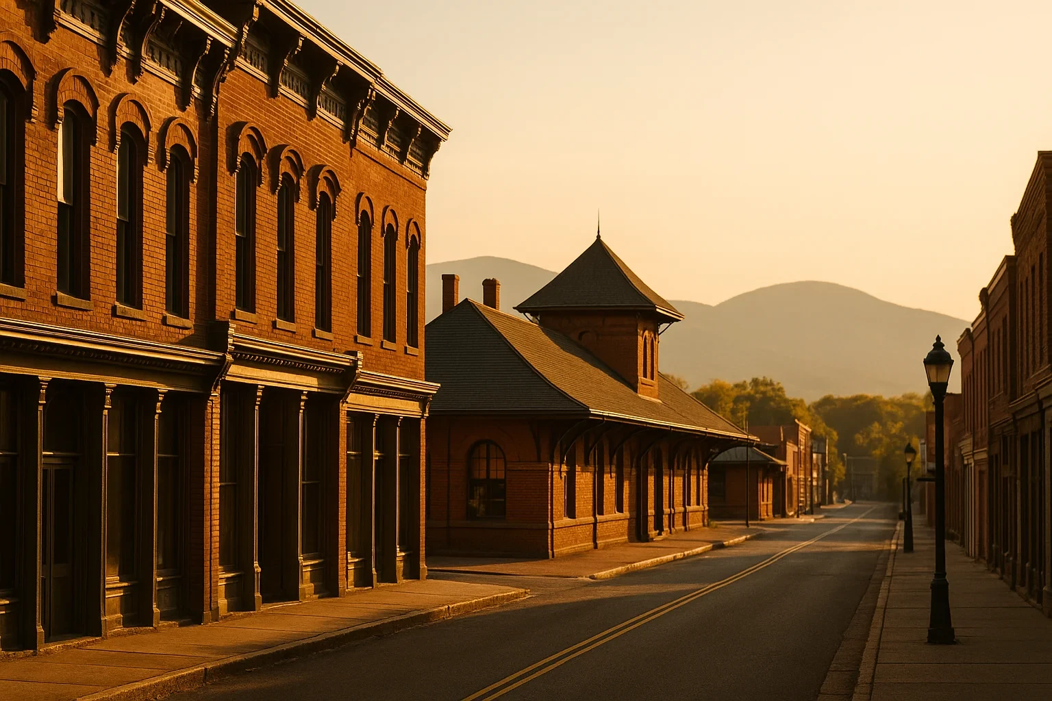 Historic brick buildings line an empty downtown Culpeper street at golden hour with mountains beyond.