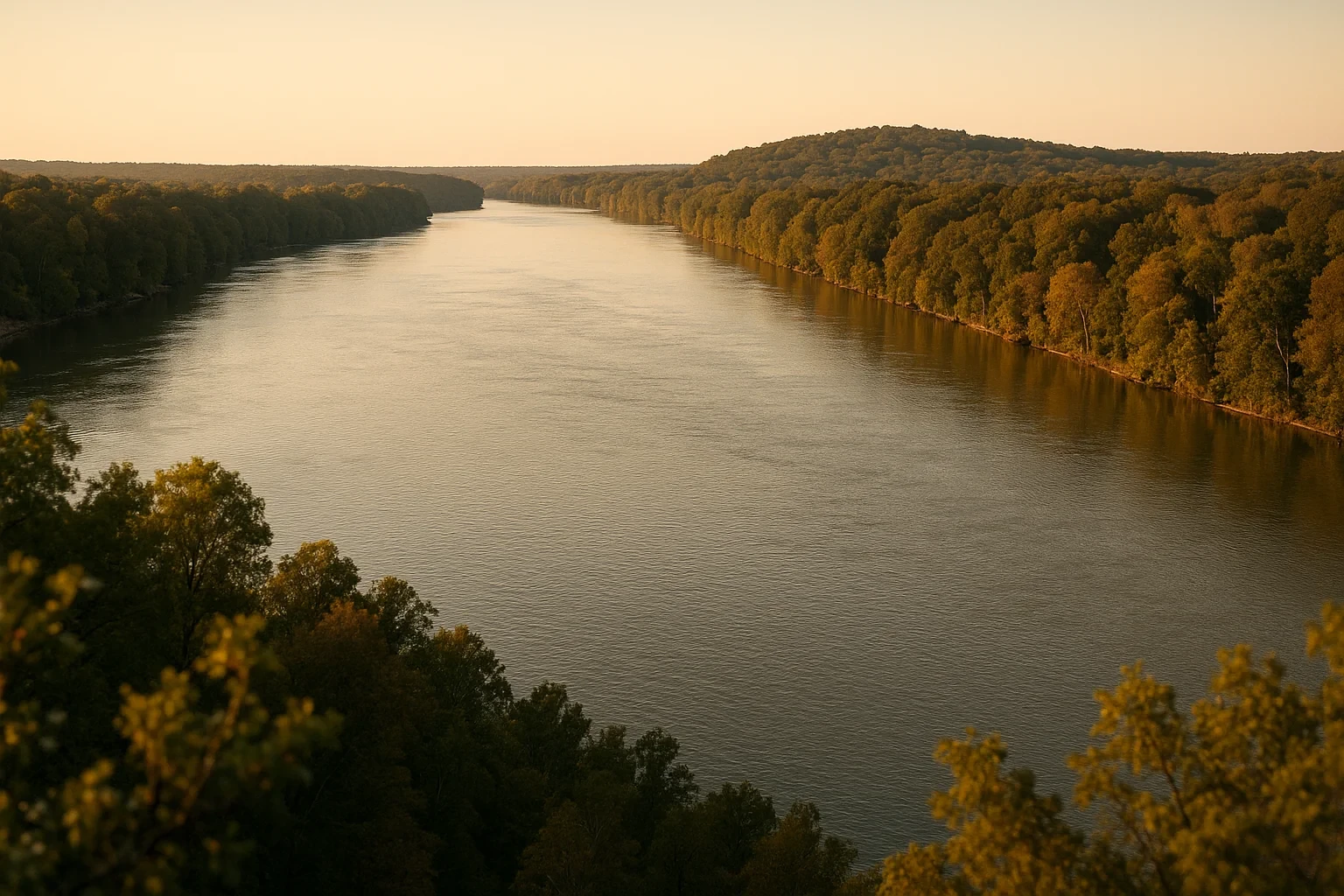 Golden sunset light reflects on a wide river winding between forested hillsides near Enon.