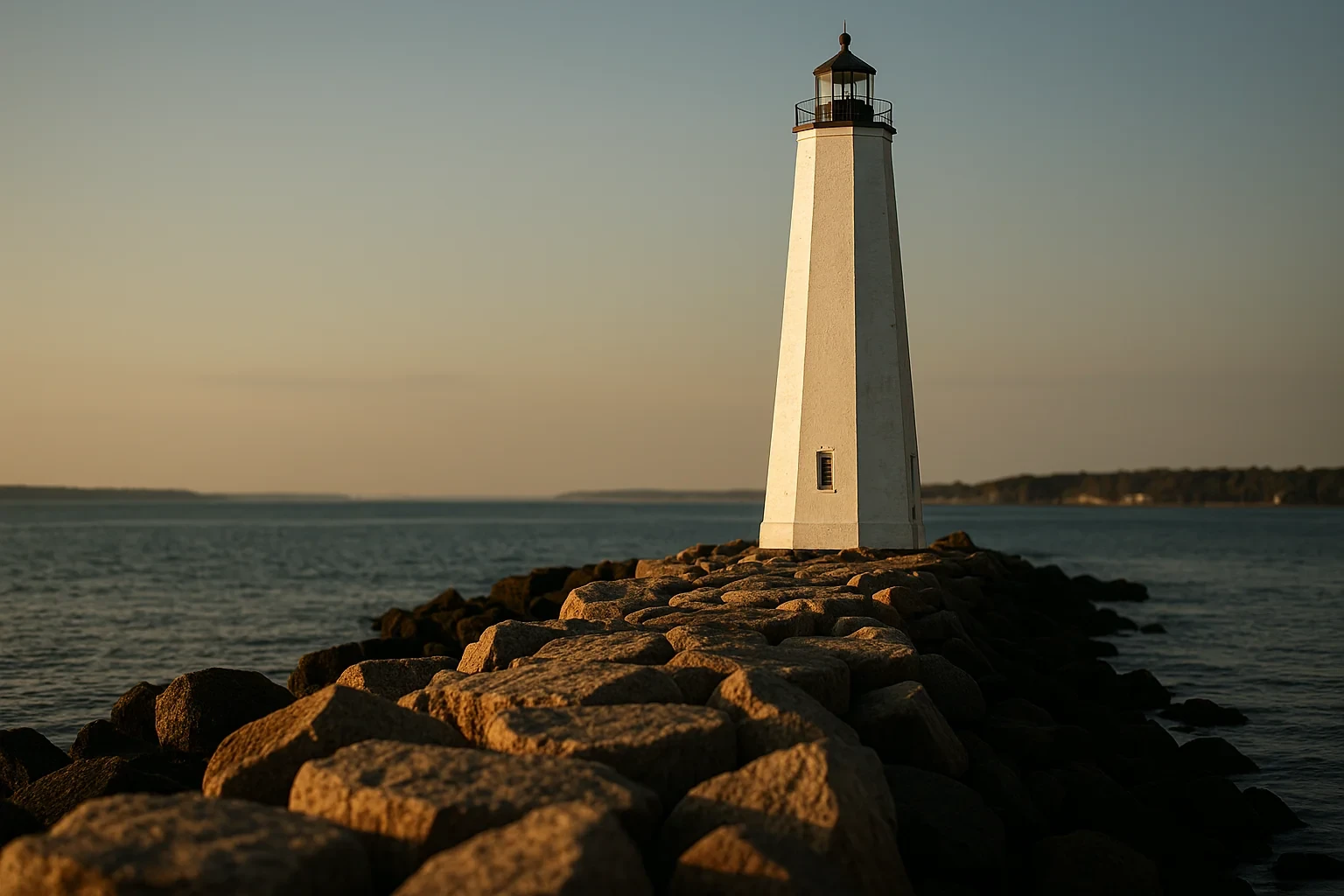 Historic white lighthouse standing at the end of a stone jetty at sunset near New London