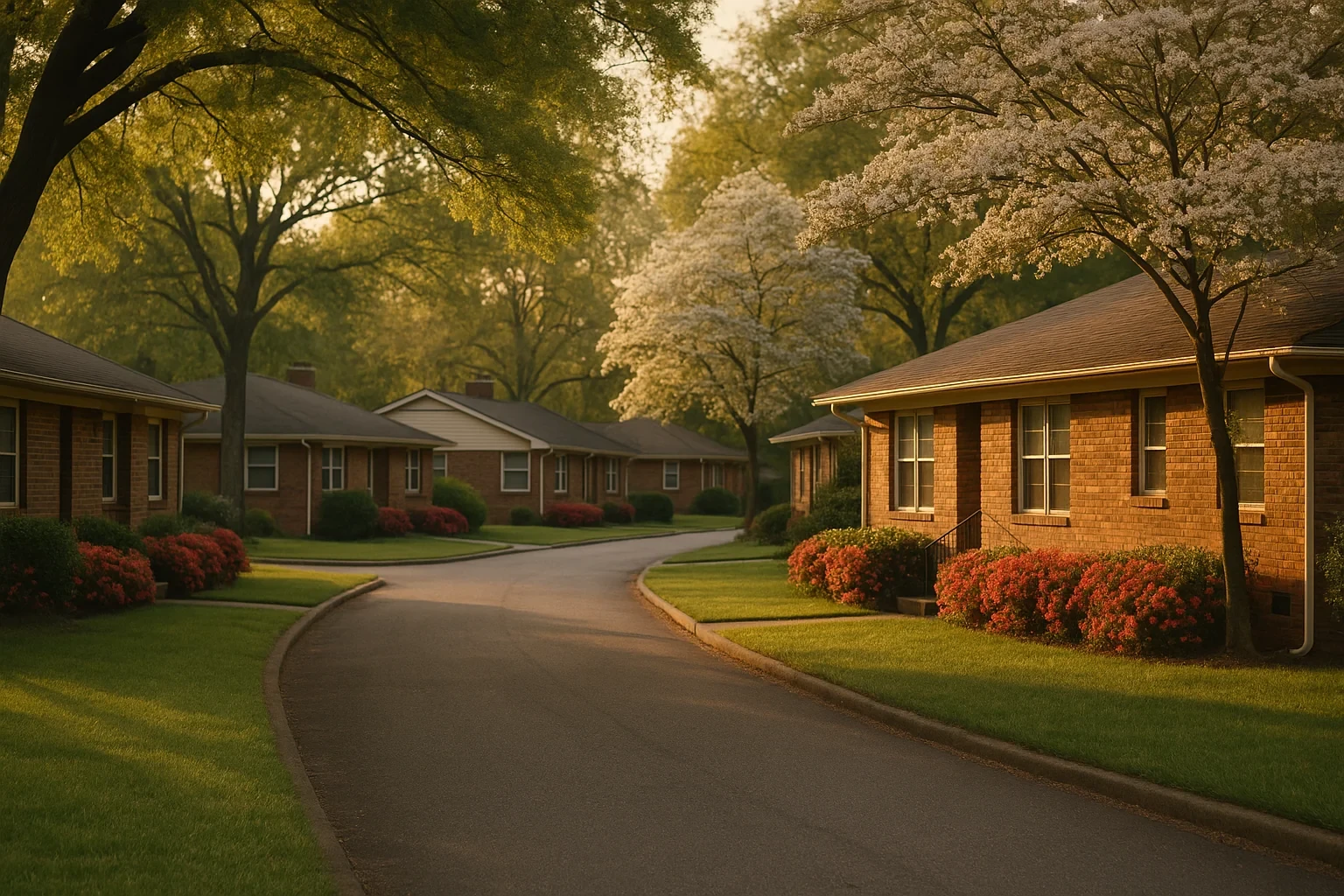 Quiet Yorkshire neighborhood street lined with brick ranch homes, blooming trees, and red flowering shrubs at sunset.