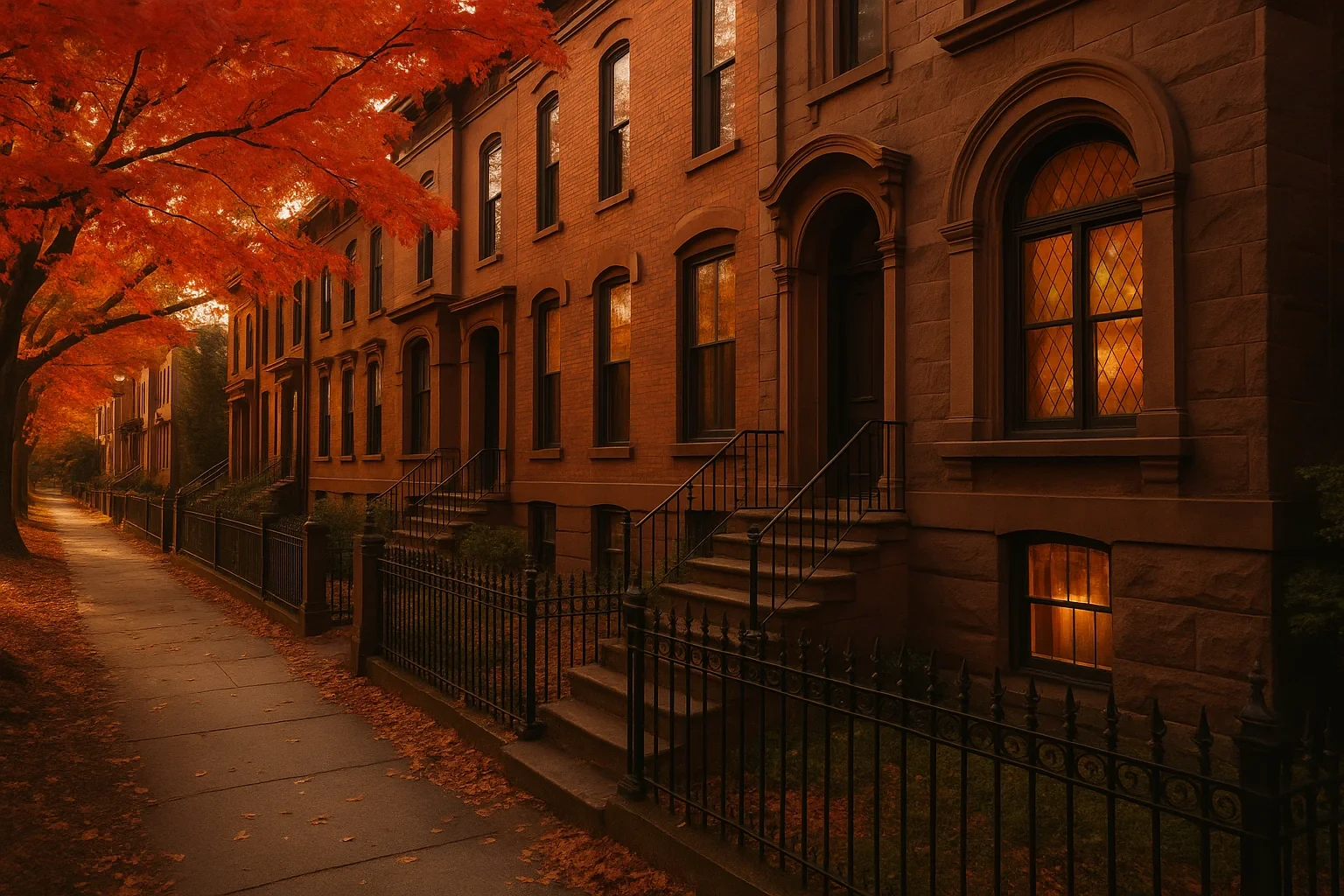 Autumn leaves line a sidewalk beside historic brownstone row houses with glowing windows in Middletown