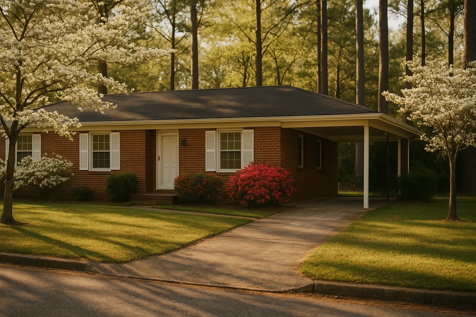 Brick ranch home with carport, white shutters, and blooming dogwoods in a wooded Sandston neighborhood