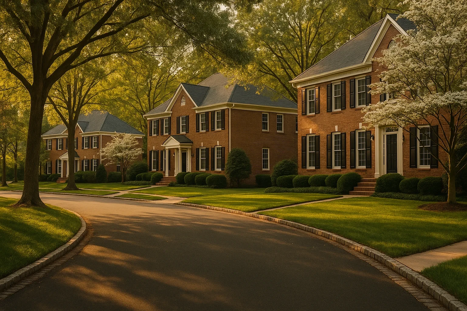 Tree-lined street with stately brick colonial homes and manicured lawns in a Cascades neighborhood at golden hour