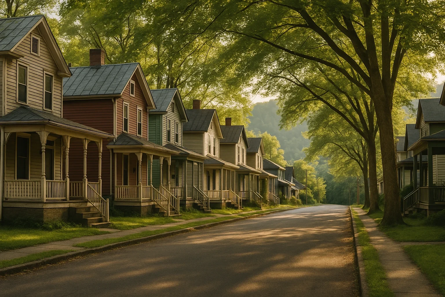 Tree-lined street with row of historic wooden homes and front porches in Big Stone Gap neighborhood