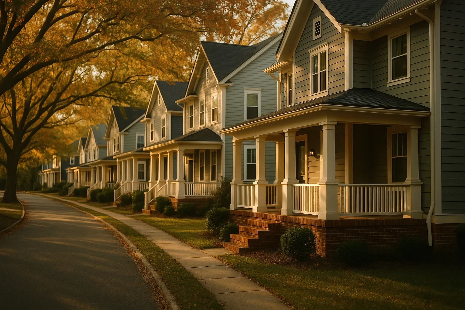 Row of craftsman-style homes with covered porches lining a tree-shaded street at golden hour in Triangle