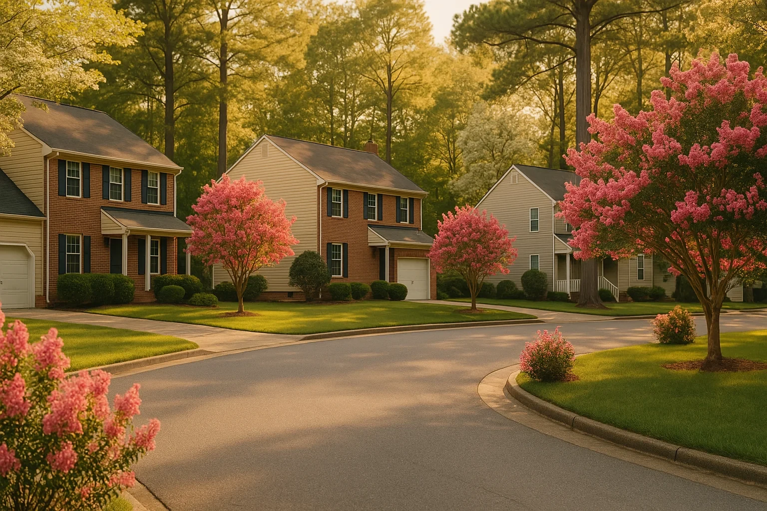 Suburban Tabb neighborhood with brick two-story homes, blooming pink crape myrtles, and tree-lined streets.