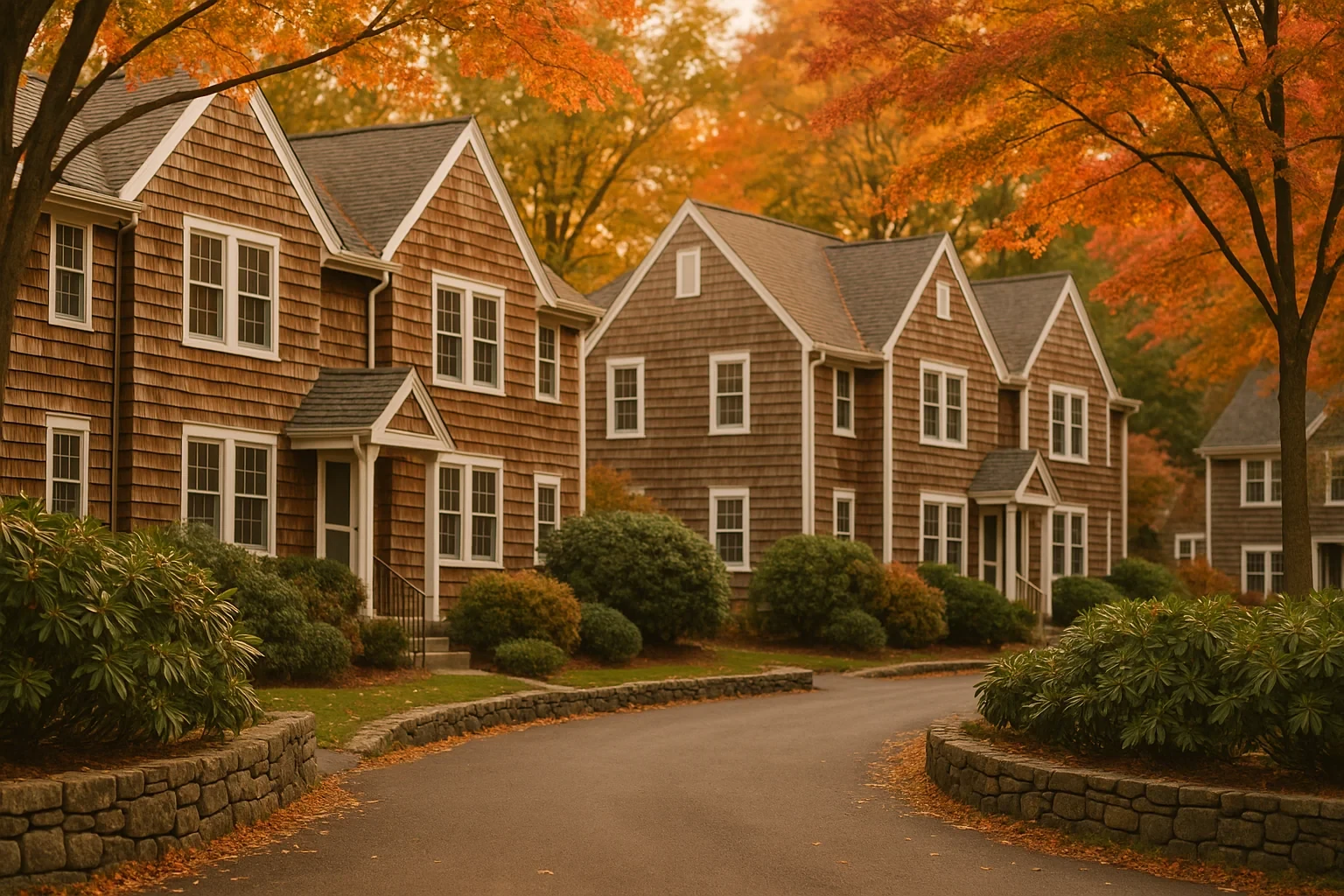Cedar-shingled homes with white trim line a curved Southbury street framed by vibrant autumn foliage and stone walls.