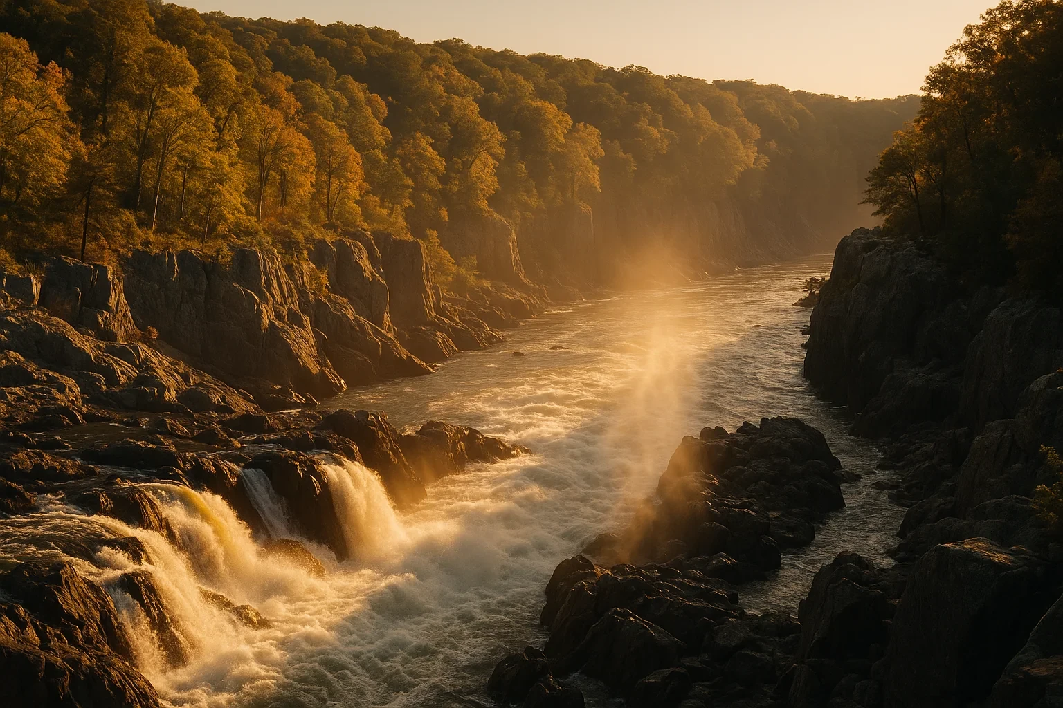 Golden sunset over rushing waterfalls and rocky cliffs along a forested river gorge near McLean