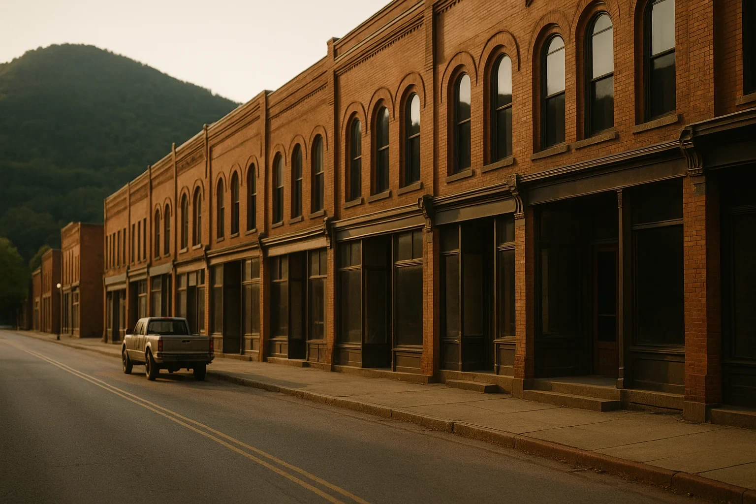 Historic brick storefronts line a quiet downtown street with a pickup truck and mountain backdrop in Richlands