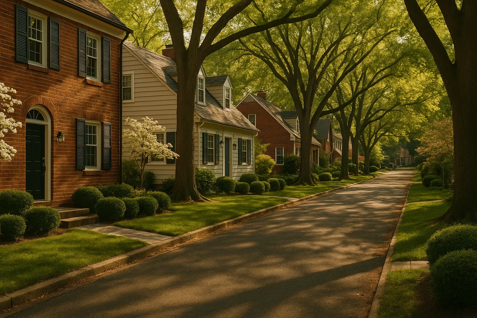 Tree-lined residential street with brick and clapboard homes in a quiet Arlington neighborhood at golden hour