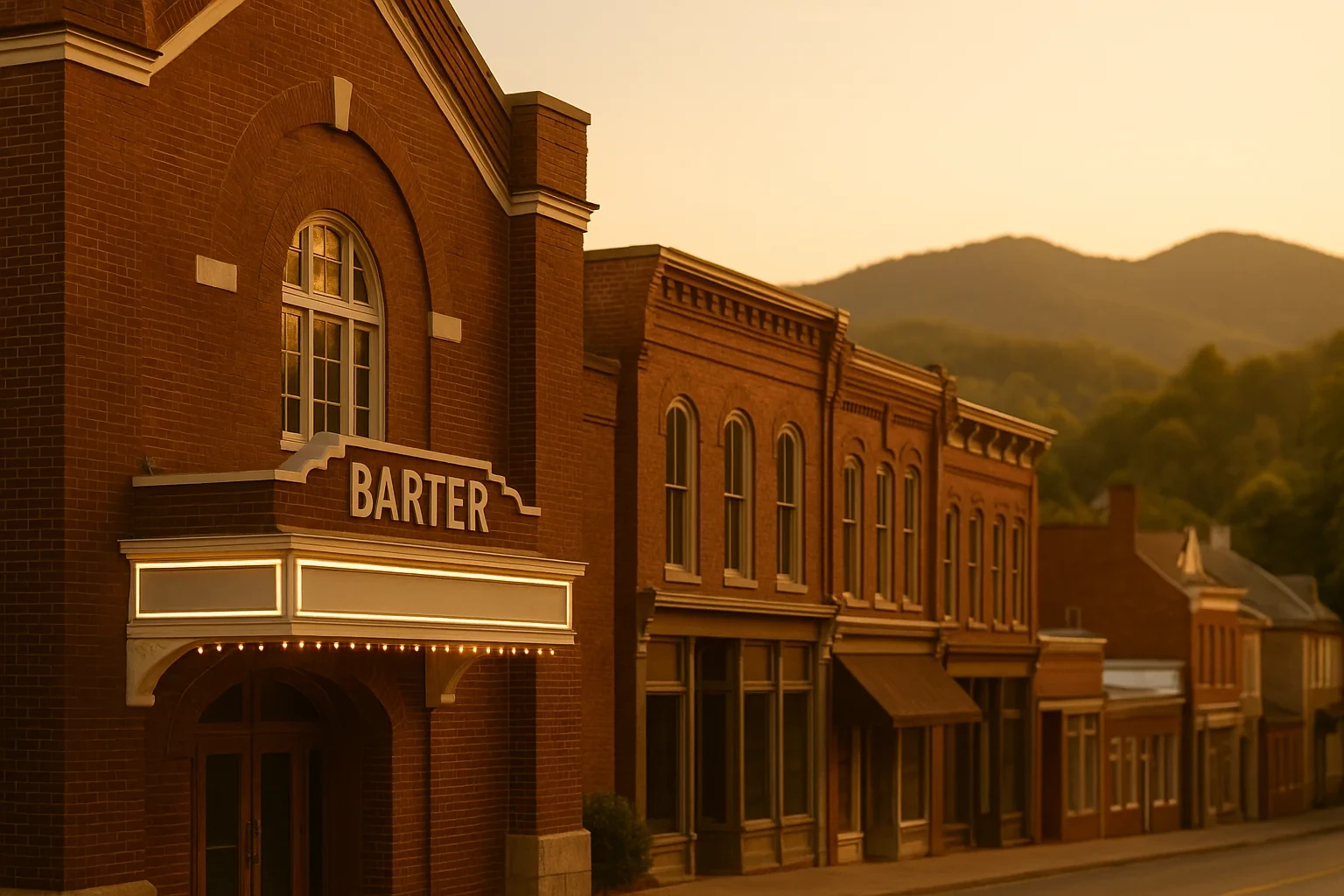 Historic Barter Theatre marquee on a brick storefront street at golden hour with mountains behind Abingdon