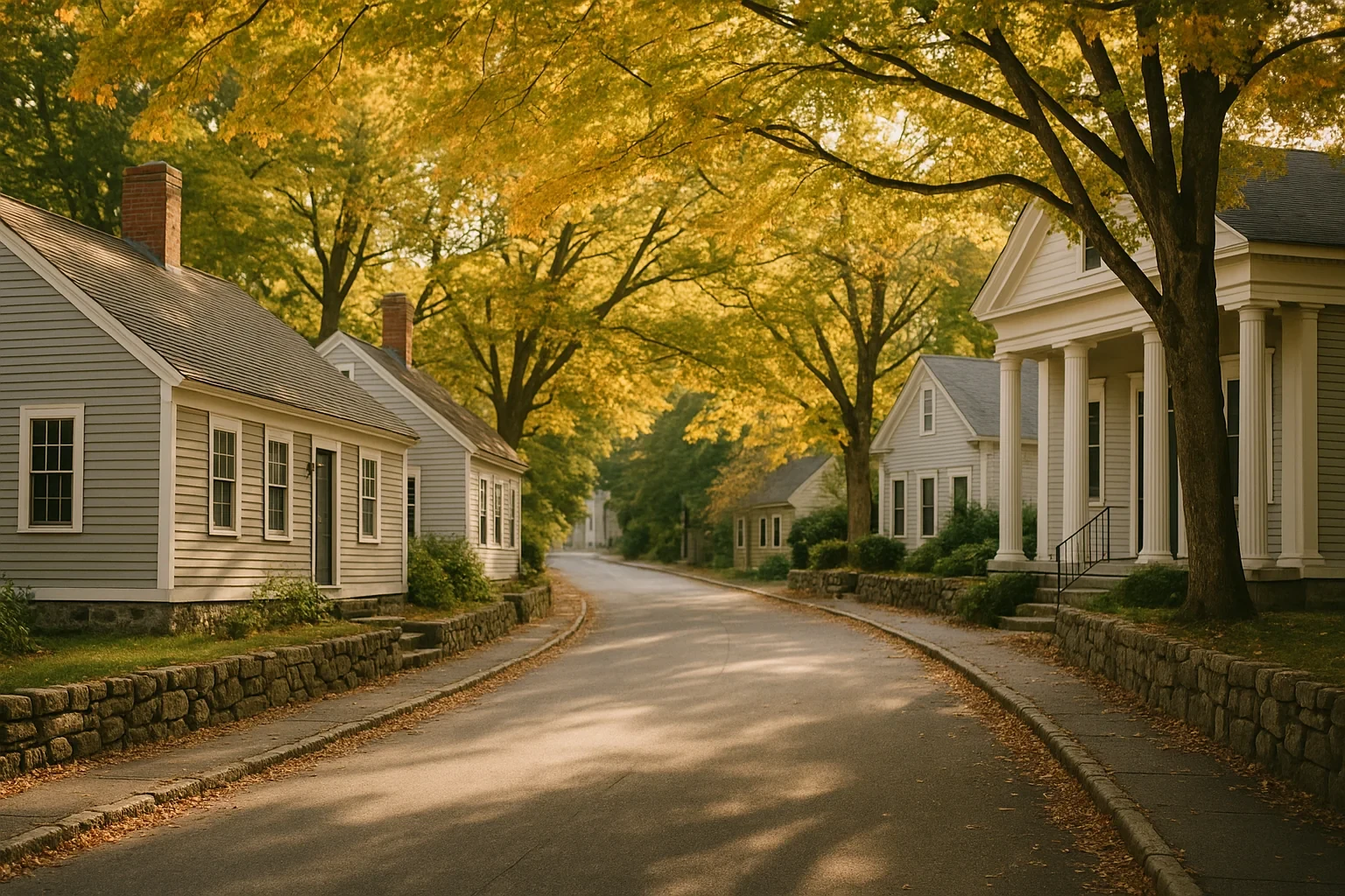 Tree-lined street with historic white clapboard homes and stone walls in autumn in Stafford Springs