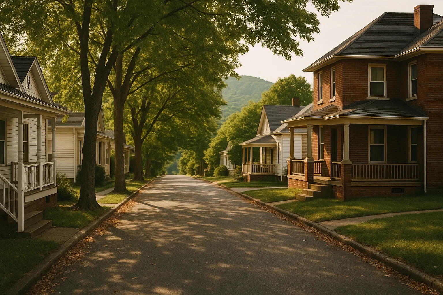 Tree-lined residential street in Galax with historic homes, front porches, and mountain views at sunset