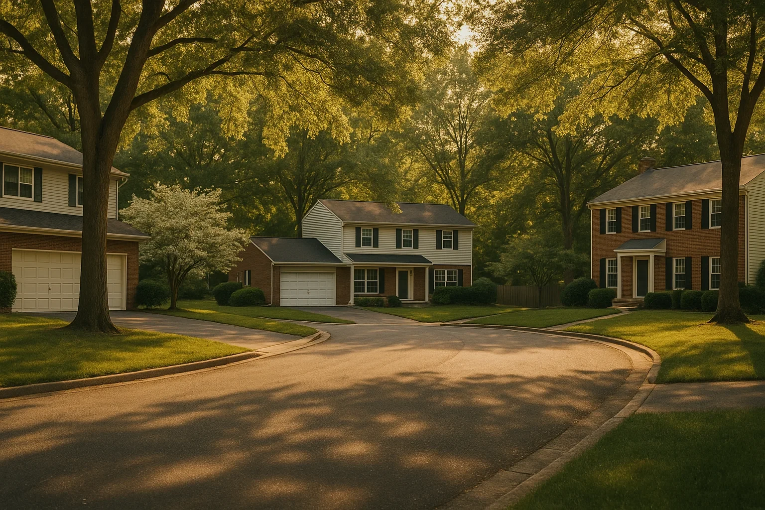 Tree-lined suburban street with two-story colonial homes and manicured lawns in a Dale City neighborhood at sunset