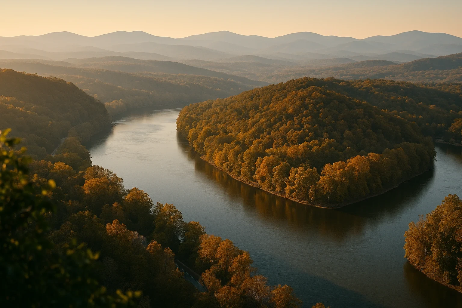 Scenic view of a winding river through forested hills and distant mountains at sunset near Madison Heights