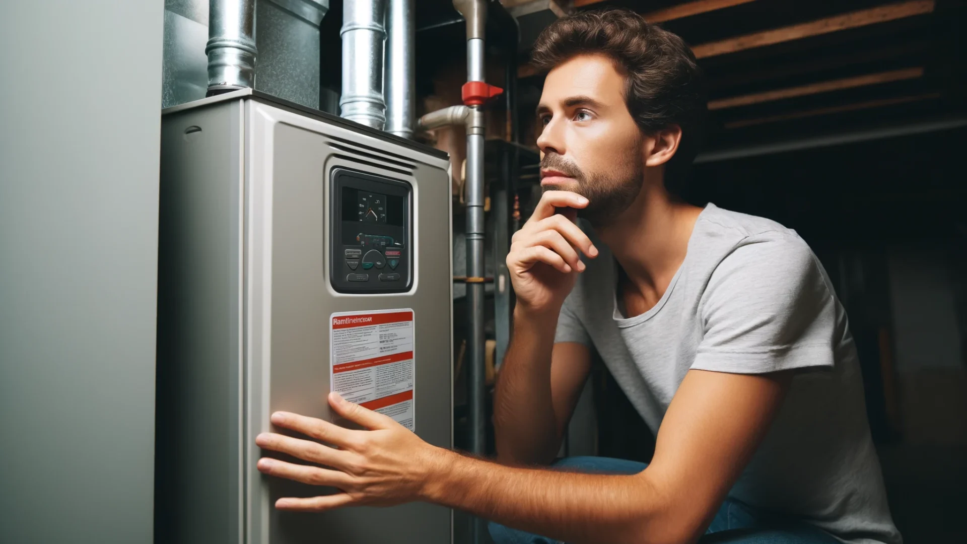 A homeowner inspects his furnace.