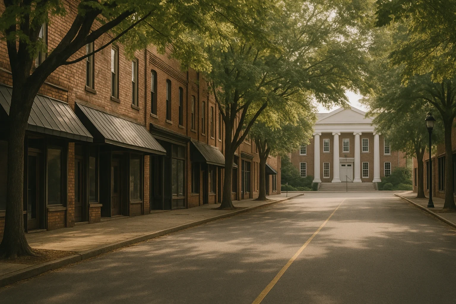 Tree-lined downtown street in Lebanon with brick storefronts leading to a white-columned historic building.