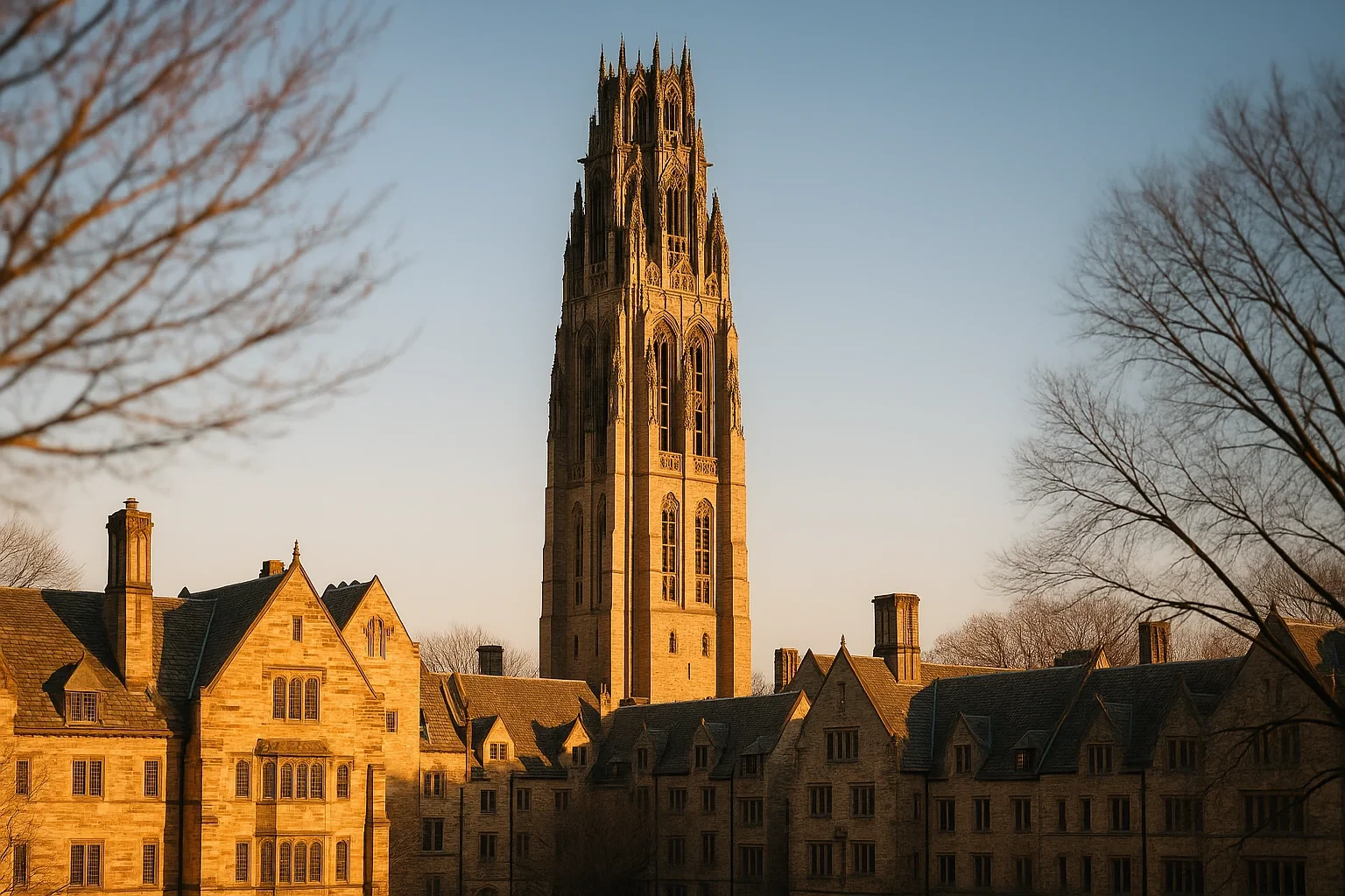 Gothic stone tower and collegiate buildings glowing at sunset in New Haven, framed by bare tree branches