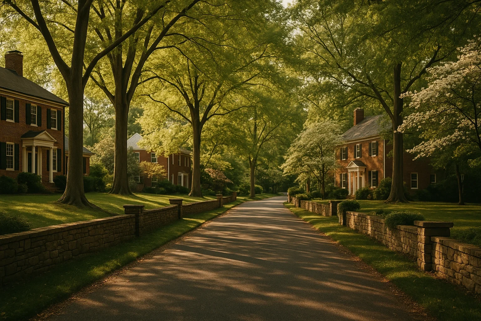 Tree-lined street with brick colonial homes and stone walls in a leafy McLean neighborhood