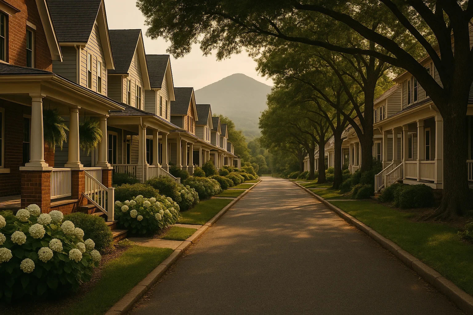 Tree-lined street of charming homes with front porches and hydrangeas, mountain rising in the Daleville distance