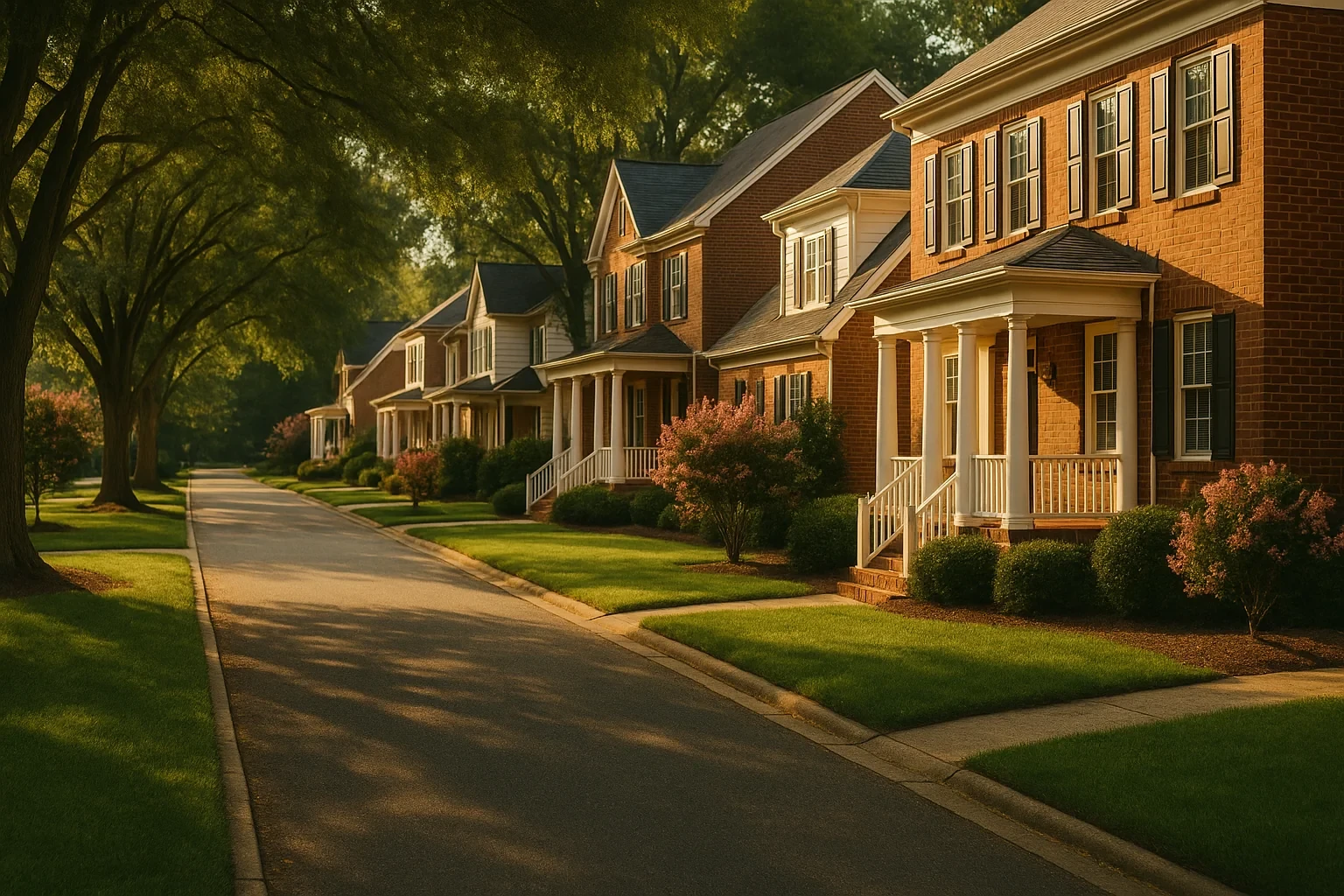 Tree-lined street of brick two-story homes with white porches and manicured lawns in University Center neighborhood