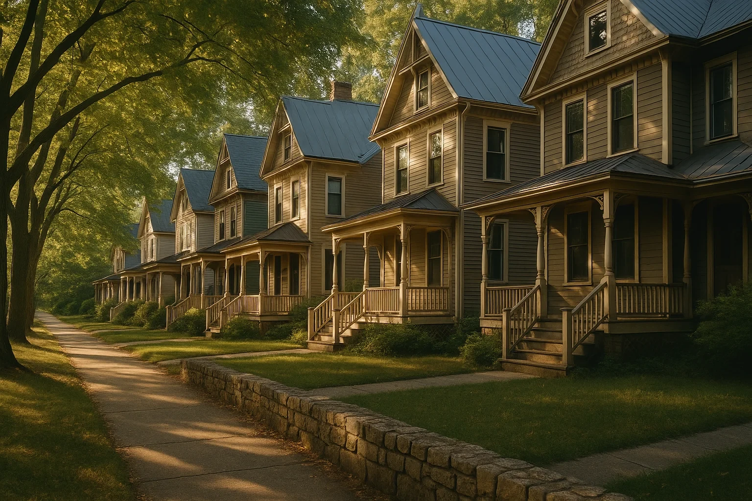Row of historic Victorian homes with covered porches and blue roofs along a tree-lined street in Staunton