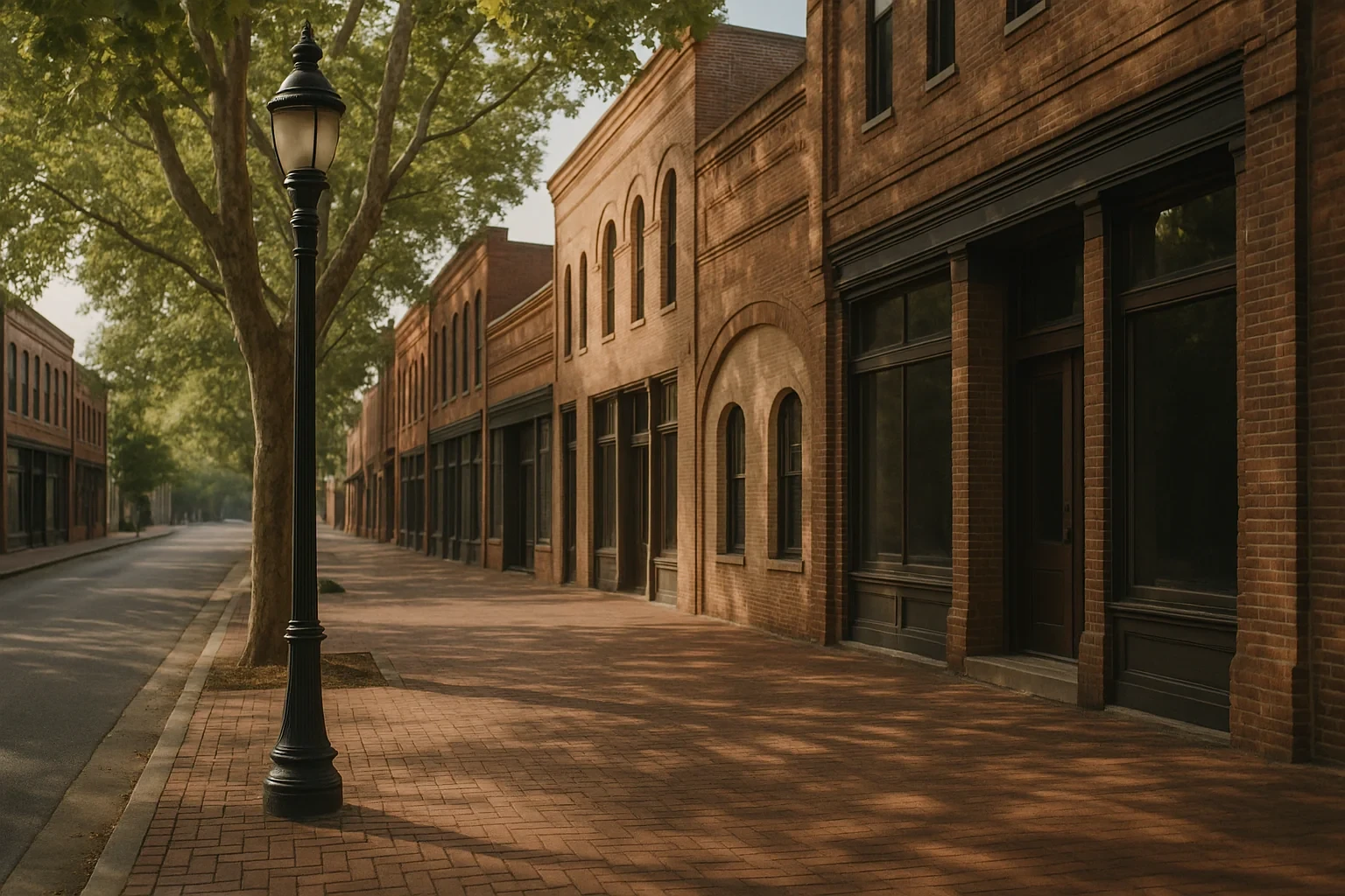 Historic brick storefronts and vintage lamppost line a quiet downtown street in Suffolk.