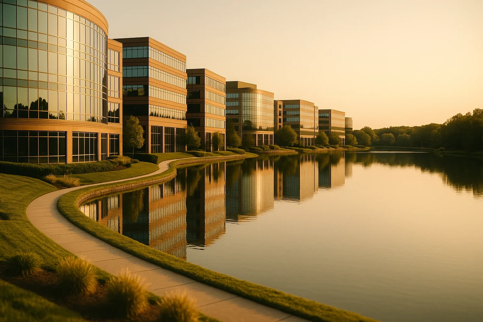 Modern office buildings line a calm lakefront with a curved walkway at sunset in Fair Lakes